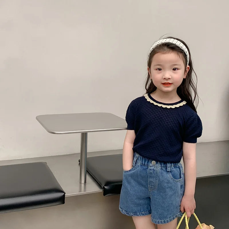 Summer 2025 Kids solid color denim shorts fashion Girls all-match casual shorts