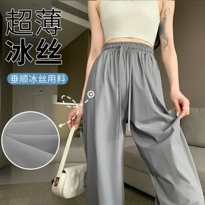 S-3XL Jogging Pants Women's Summer Thin 2024 New Casual Straight Leg Leg Sunblock Pants Quick Dry Wide Leg Pants Draw Rope Feet