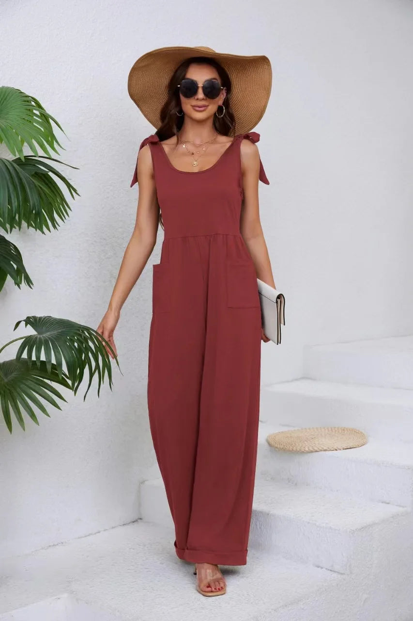 2024 Summer New Women's Amazon Source Solid Color Pocket Lace-Up Wide-Leg Jumpsuit Big U-neck Pants