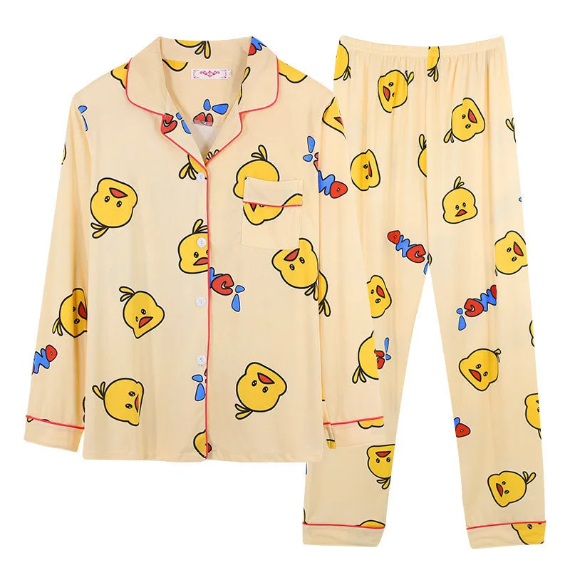 Long Sleeve Spring Simple Yellow Duck Ink Orchid Casual Stretch Peach Heart Cardigan Lapel Milk Silk Loose Home Women's pyjamas