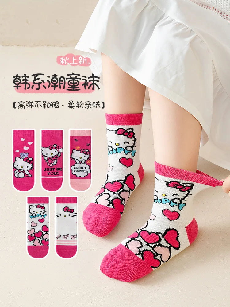 5 Pairs Sanrio Hello kitty Kids Socks Kawaii New Fall Cartoon Children mid-calf socks Cotton Sock for Girls Gifts