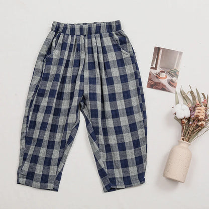 Children's Retro Blue Plaid Trousers 2024 Spring Autumn New Korean Boys And Girls Double-Layer Cotton Casual Harem Pants WTP121