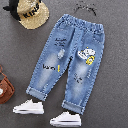 Spring Boys Girls Hole Denim Pants Children Clothes Cartoon Print Kids Jeans Pants For Baby Cotton Casual Trousers 2-7 Years