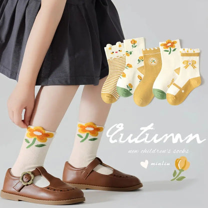 5 Pairs Autumn Socks Girls Yellow Floral Pattern Socks A Class Cotton Baby Socks Children Medium Socks Kids Socks