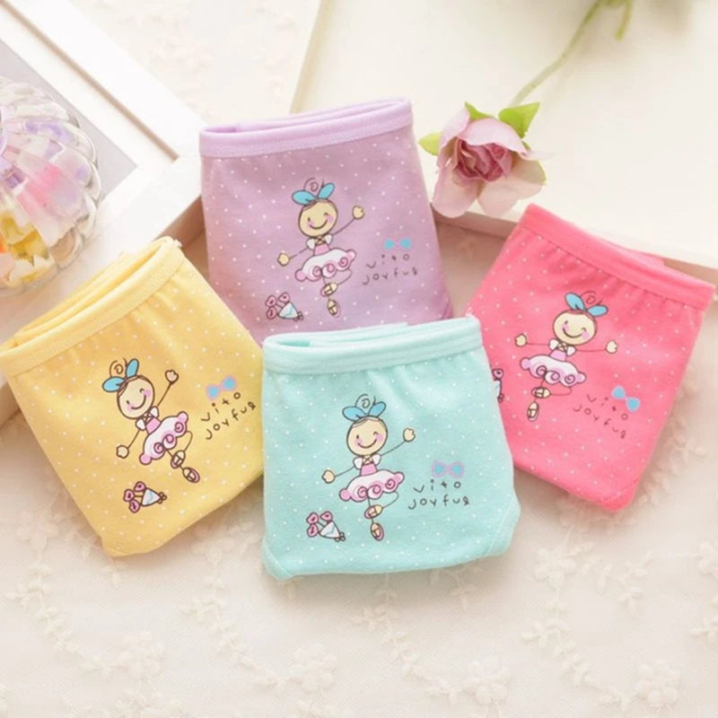 4 Pcs/Lot Kids Cotton Briefs Girls Panties Cartoon Pattern Underpants Candy Colors Triangle Girls Underwear  2-10 Years