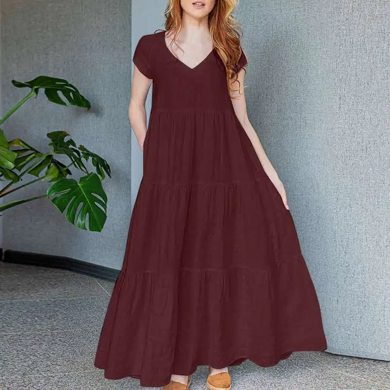 2024 ZANZEA Summer Maxi Long Dress Women Bohemian Holiday Sundress V Neck Short Sleeve Robe Femme Casual Loose Ruffles Vestidos