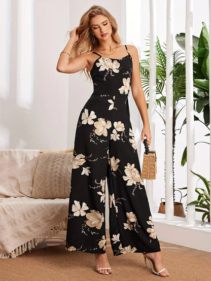 Summer Elegant Black Spaghetti Strap Overalls For Women Fashion New Flower Print Back Lace Up Sleeveless Wide Leg Jumpsuits