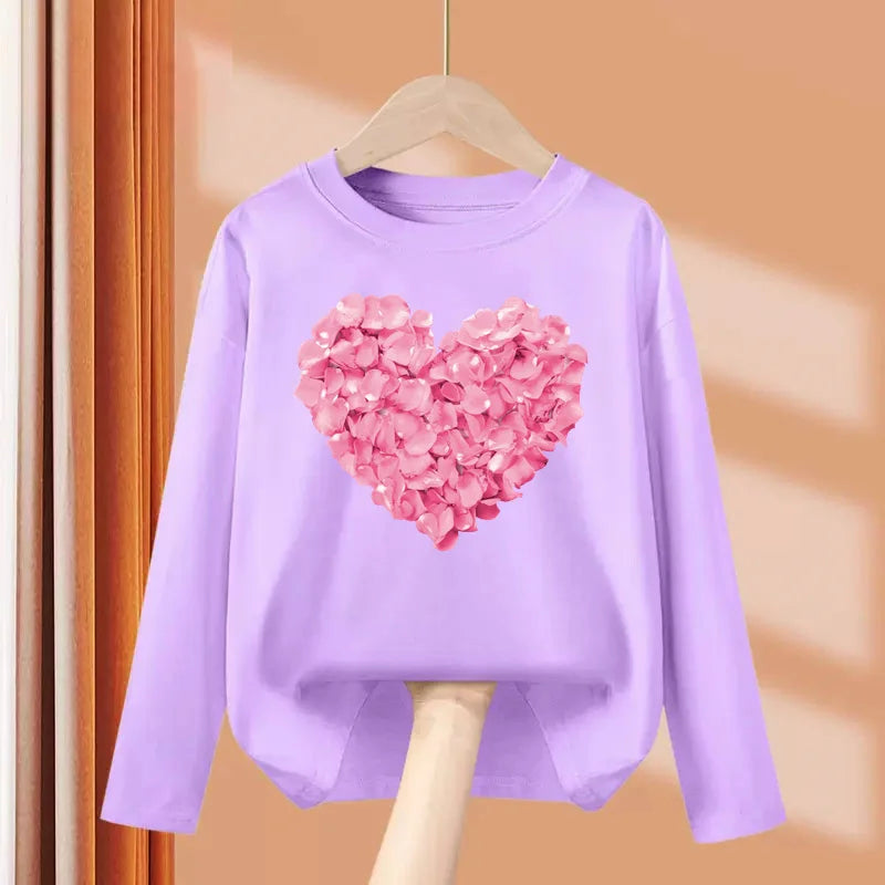 Children Long Sleeved Tops Heart Shaped Design T-shirt Girls Spring Dresses Baby Lovely Cotton Tees 3-14T