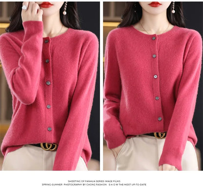 2024Spring and Autumn  New 100% pure merino cashmere sweater women's O-neck cardigan loose long-sleeved sweater top