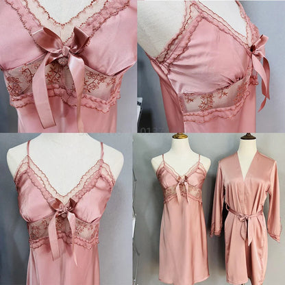 Pin Bow Nightgown Sexy Intimate Lingerie Female Kimono Bathrobe Gown Rayon Sleepwear Lace Trim Nightwear Sleepshirt Loungewear